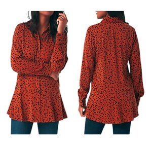 Susan Graver Printed Stretch Peach Skin Peplum Big Shirt, Orange/Black - NWOT